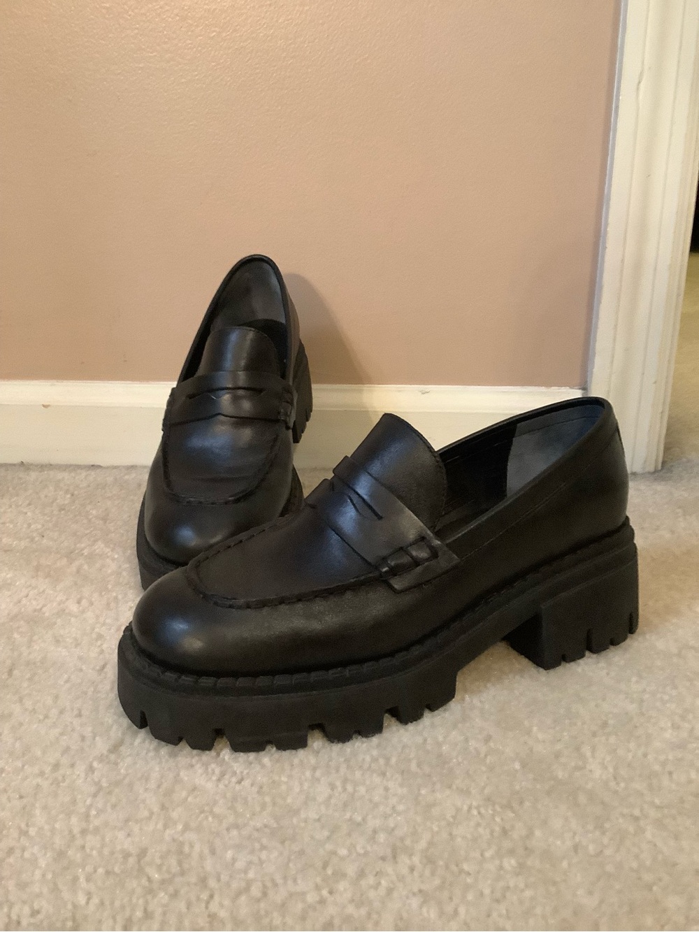 Free People Lyra Lug Sole Black Chunky Platform Penny Loafers size 37/7